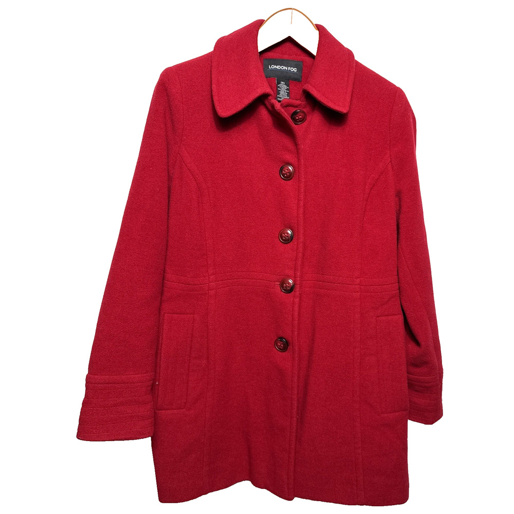 London Fog Wool Blend Cherry Red Pea Coat Size Small Women’s Single Breasted GUC